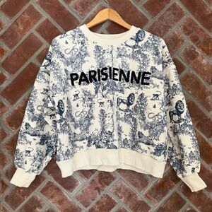 Ellandemm‎ Parisienne Cream Crewneck Sweater Women’s Size Small Blue Lion Snake